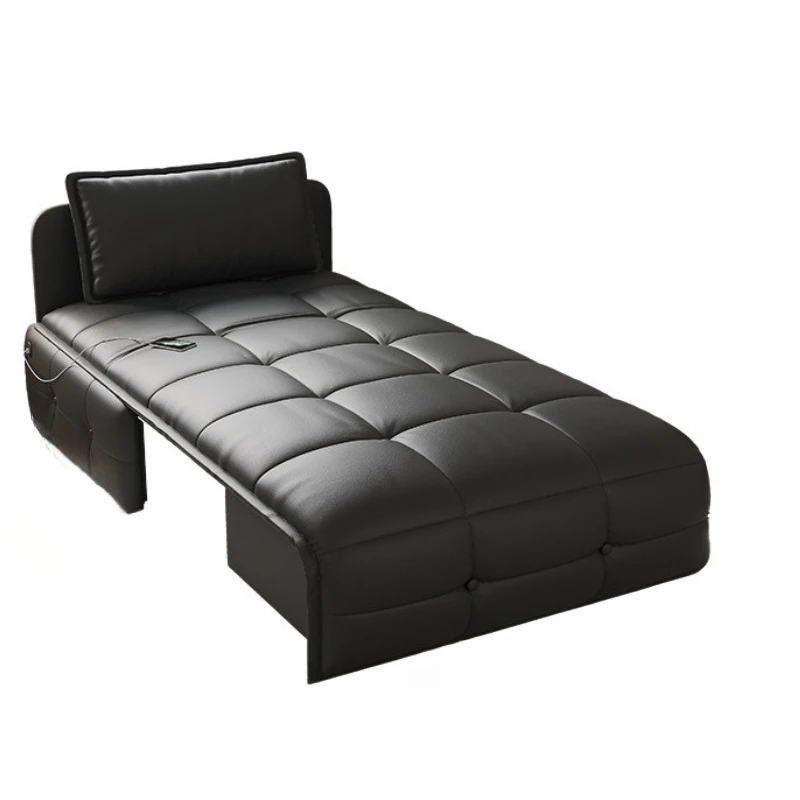 Leather electric folding sofa bed, small apartment living room, intelligent telescopic storage sofa bed