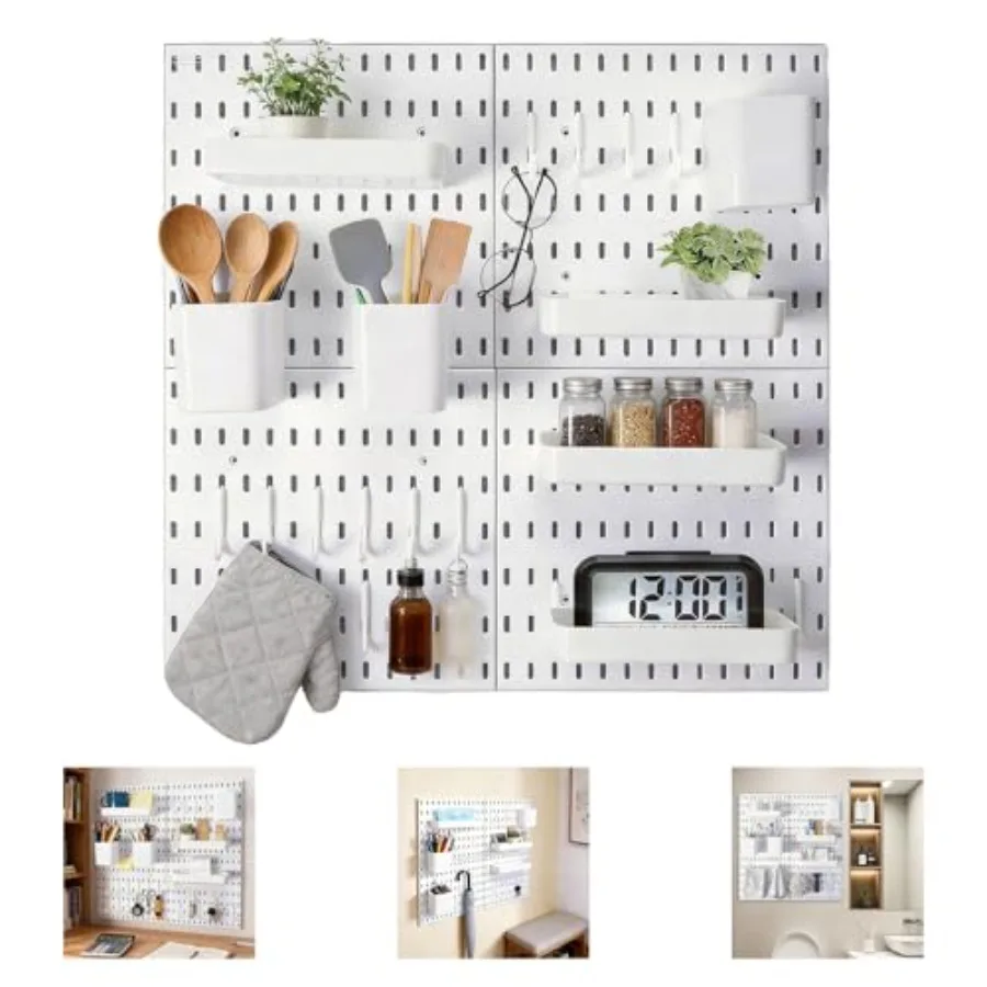 4 Pack White Plastic Pegboard Wall Shelf Organizer with Modular Storage 4pcs Peg Board and 26 pcs Modular Hanging Accessories,