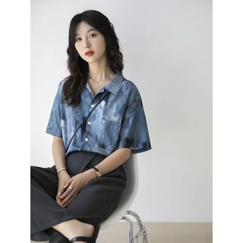 Summer Woman Clothes Chic HongKong Retro Style Thin Loose Fashion Casual Youth Short Sleeve Shirt Patchwork Floral Polo-neck