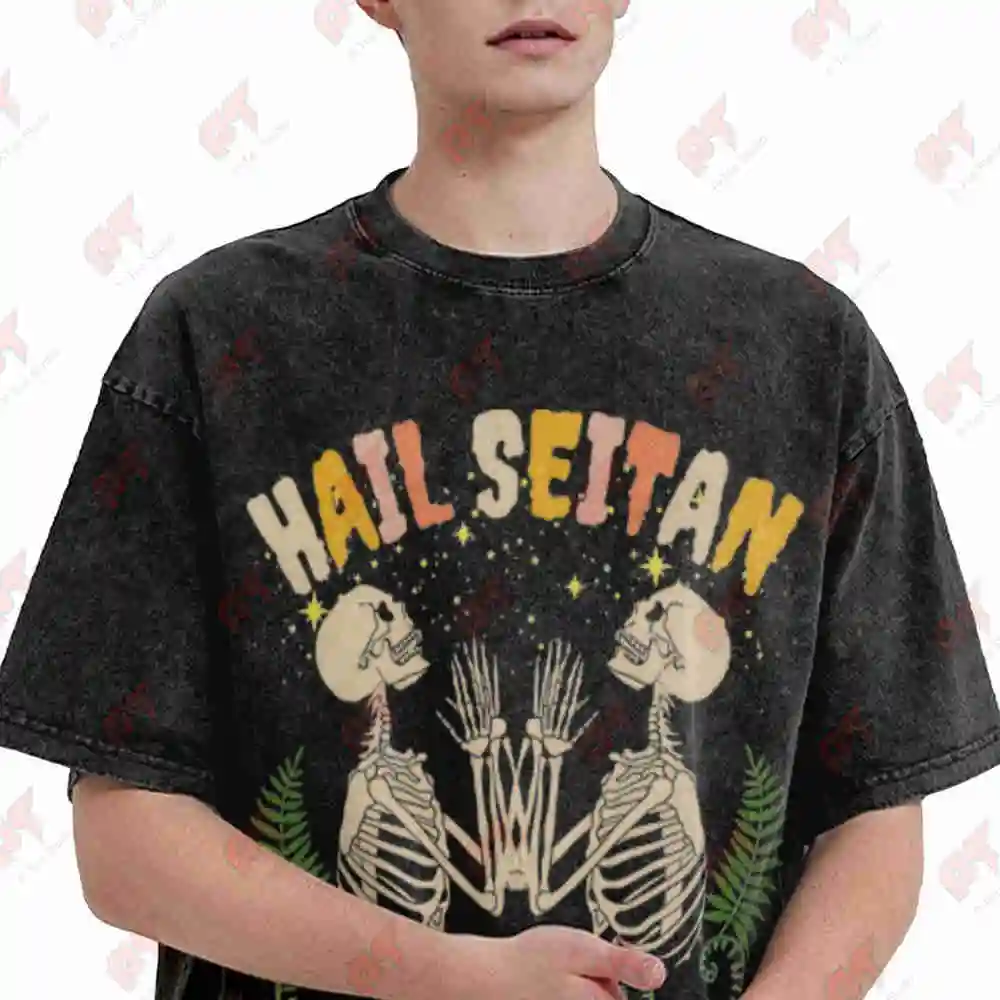 Hail Seitan Vegan Skeleton Vintage Washed Tee Pure Cotton T-Shirt