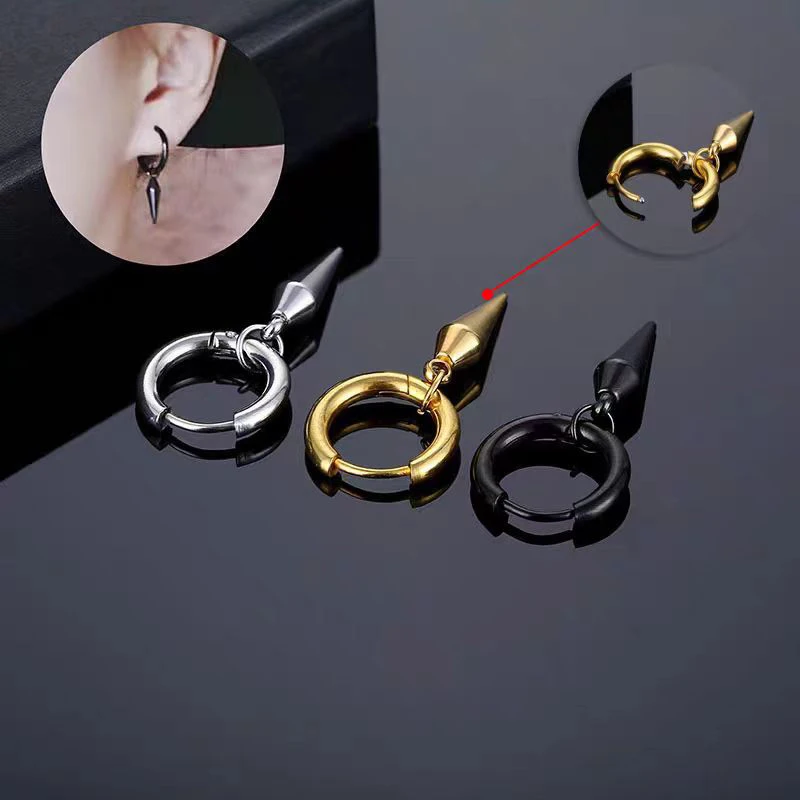 Punk Taper Stainless Steel Hoop Earring With Geometric Spike Pierced Stud For Women Men Hip Hop Rock Style Ear Jewelry