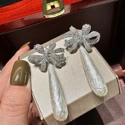 Vintage long pearl bow set with diamonds Women stylish ribbon exaggerated Earrings