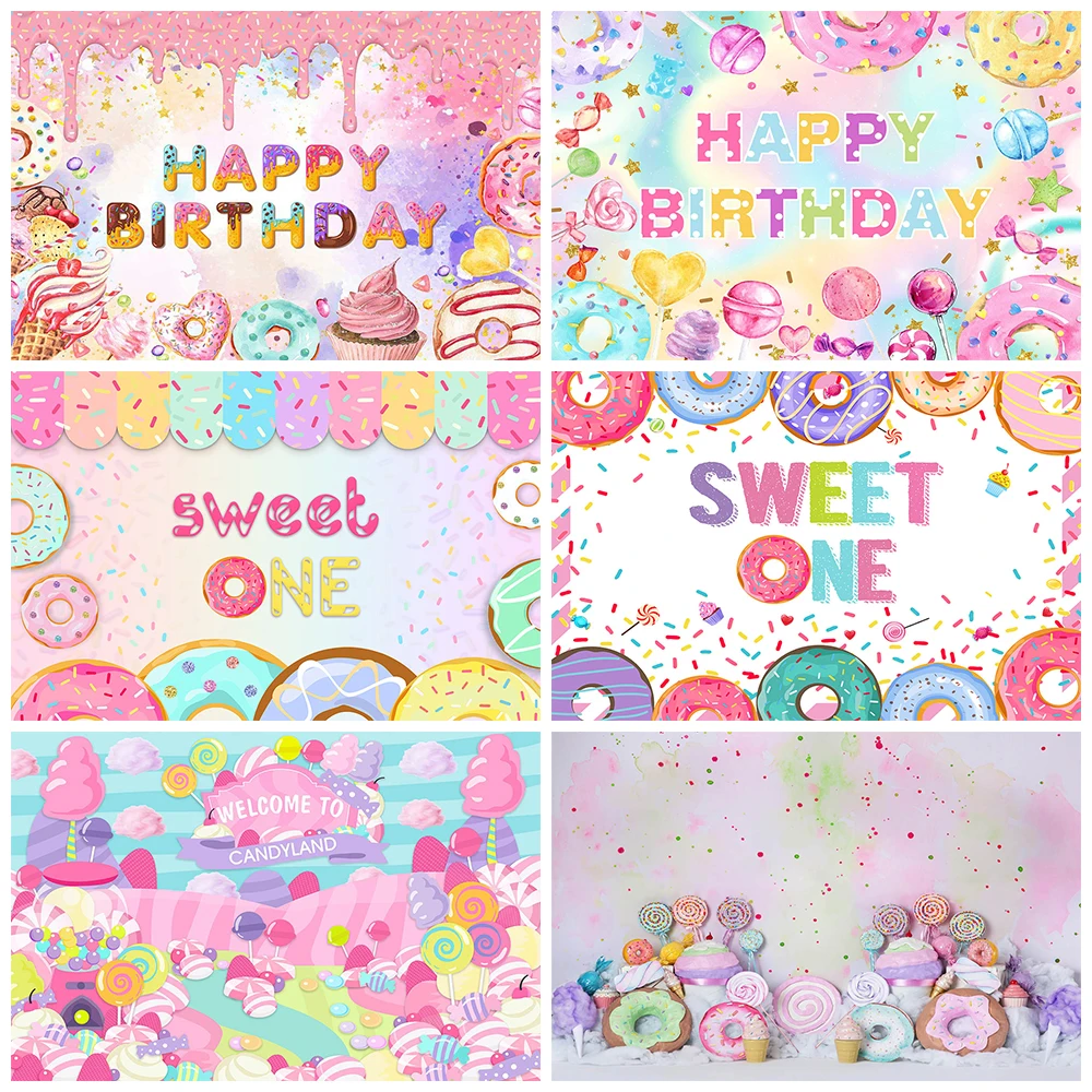 Mocsicka Candy Donut Background Photography Baby Birthday Party Decoration Cake Smash 1st Birthday Party Photo Background Banner