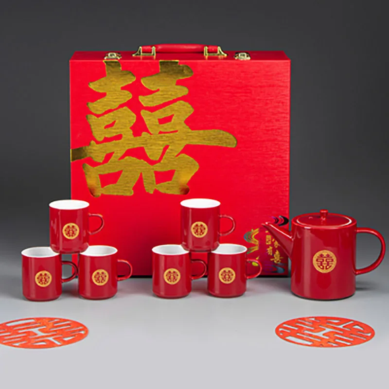 

Китайский традиционный свадебный керамический чайный сервиз, двойной чайник счастья, чашка, бытовая посуда для питья, чайная посуда, подарки для новорожденных