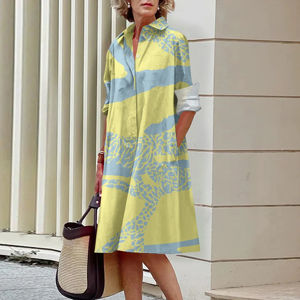 2024 Women's Dress Clothing Fashion Irregular Striped Printed Long Sleeve Shirt Dresses Female Button Down Cardigan Midi Dress