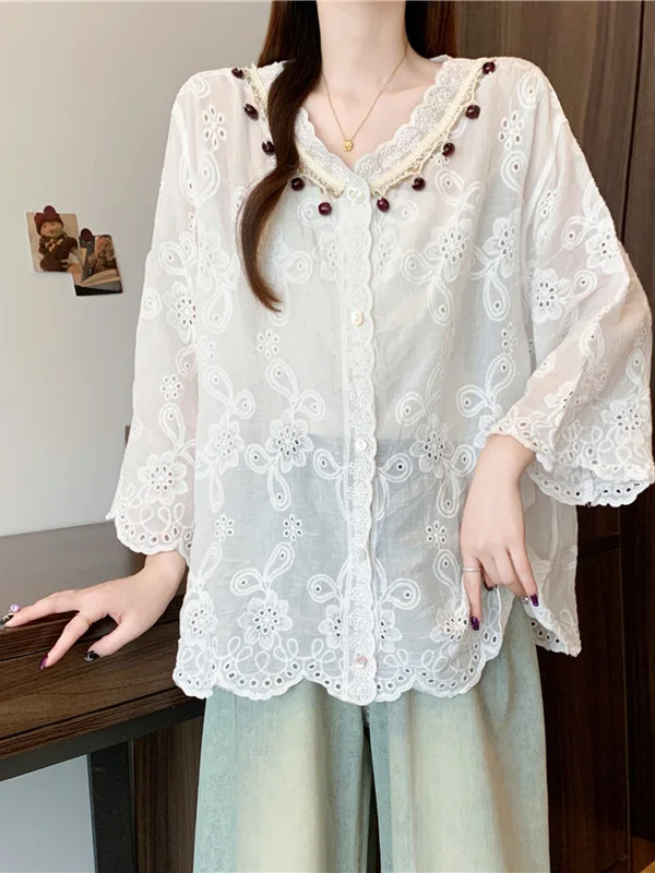 سترة مفتوحة من الدانتيل واللؤلؤ المطرز لربيع وصيف جديد Sle مقاس كبير للنساء فضفاضة من القطن irt سبعة أزرار Sve #5