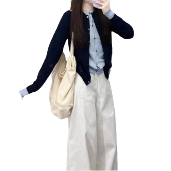Blue Knitted Suit for Women 2025 Is Very Good-looking Popular in Early Autumn and A Complete Set of Pants