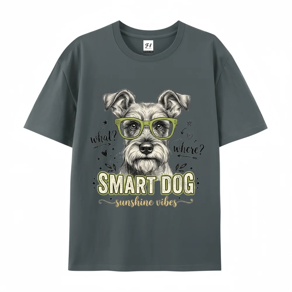 Women T Shirt Smart Dog Schnauzer Graphic Green Glasses Vintage White Summer Short Sleeve Loose Cotton Funny Animal Lover Tops