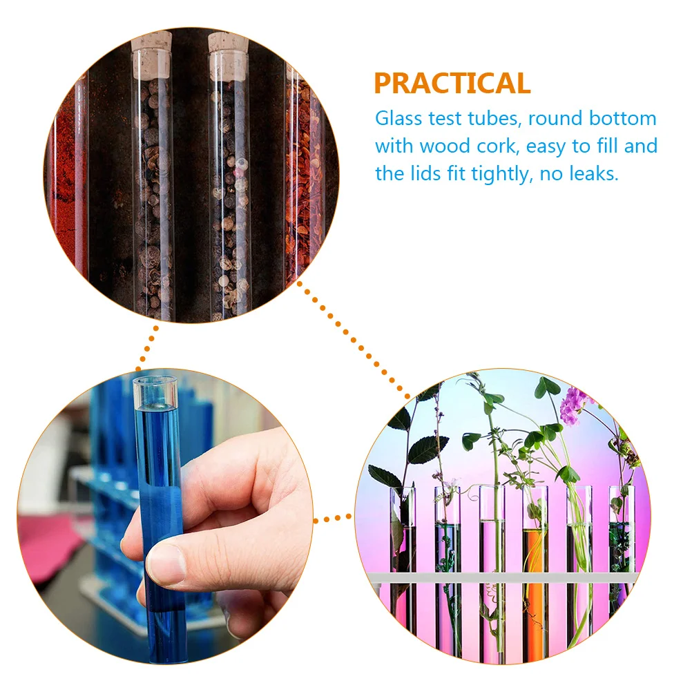 Imagem -03 - Tubos de Ensaio dos Peças Tubos Químicos Uso Doméstico Vaso Científico de Vidro Cortiça Fundo Redondo Rotulado com Tampas Laboratório de Madeira 20