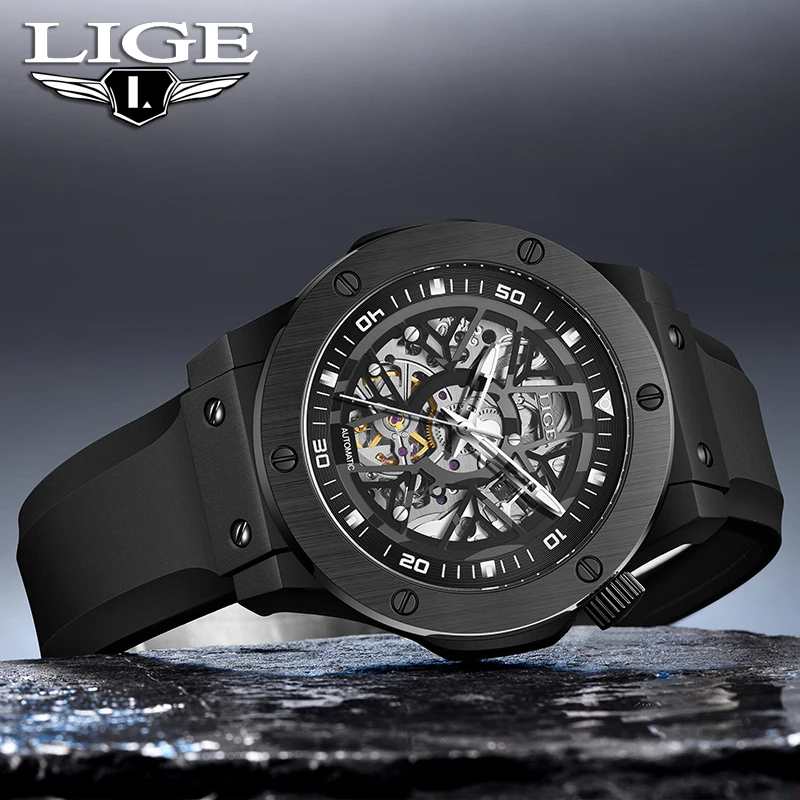 LIGE Hollow Out Design Automatic Watch For Men Luxury Stainless Steel Rubber Strap Mechanical Watch 30M Waterproof reloj hombre