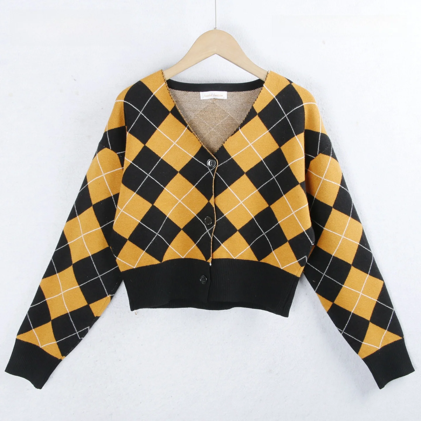 

Fashionable Short Knitted Sweater Cardigan Diamond Pattern V-Neck Long Sleeve Large Size Button Autumn Winter Women's Top
