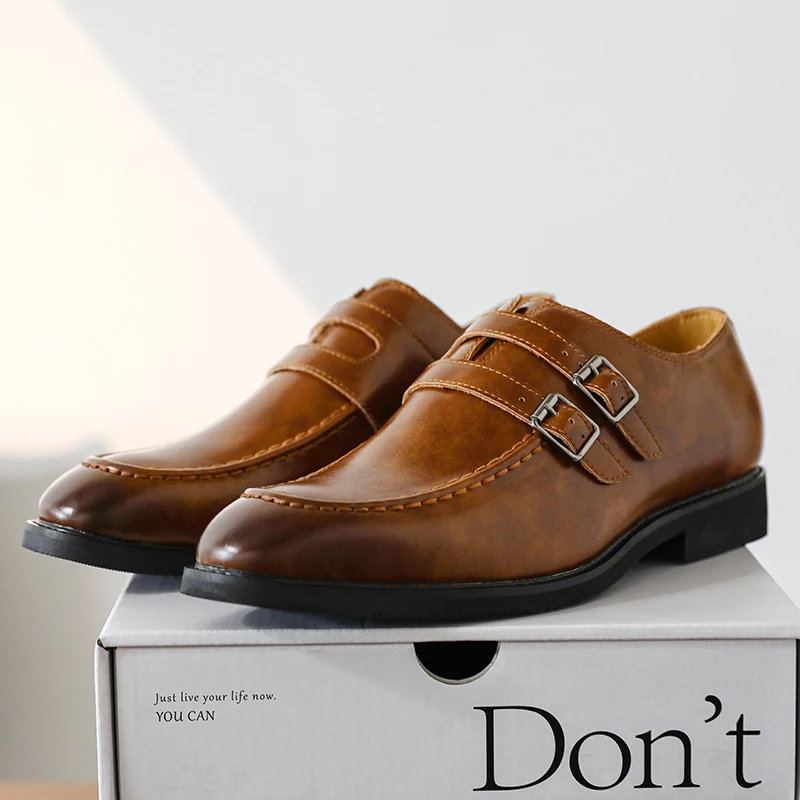

Classic Retro Dress Men's Monk Leather Shoes With Pointed Toe Buckle Business Office Wedding Comfortable Men's Oxfords Shoes