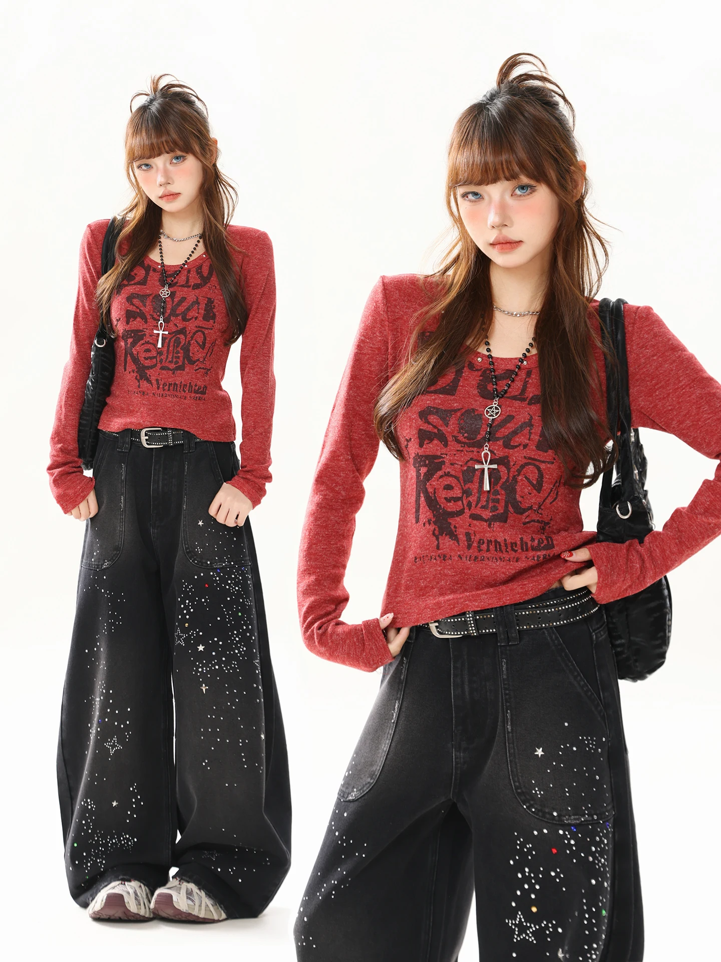 

Retro American Design Printed Rivet Slim Long Sve T-irt Women's Spicy Girl Sle Spring 2026 New Faion Top