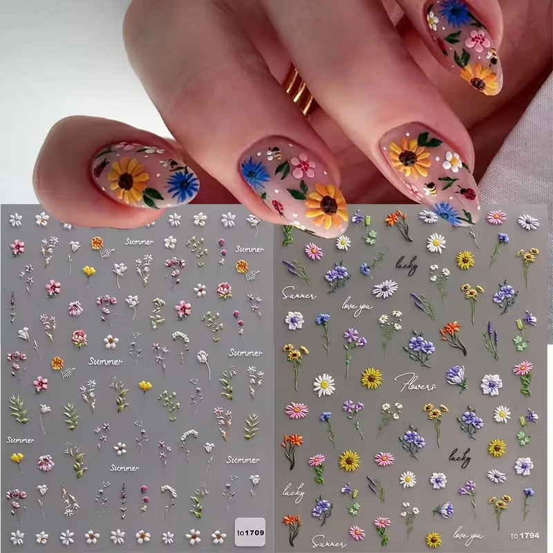 1 個 5D デイジー & ワイルドフラワー エンボスネイルステッカー 鮮やかな色 花柄 自己粘着デカール DIY マニキュア 完璧なホリデーギフト