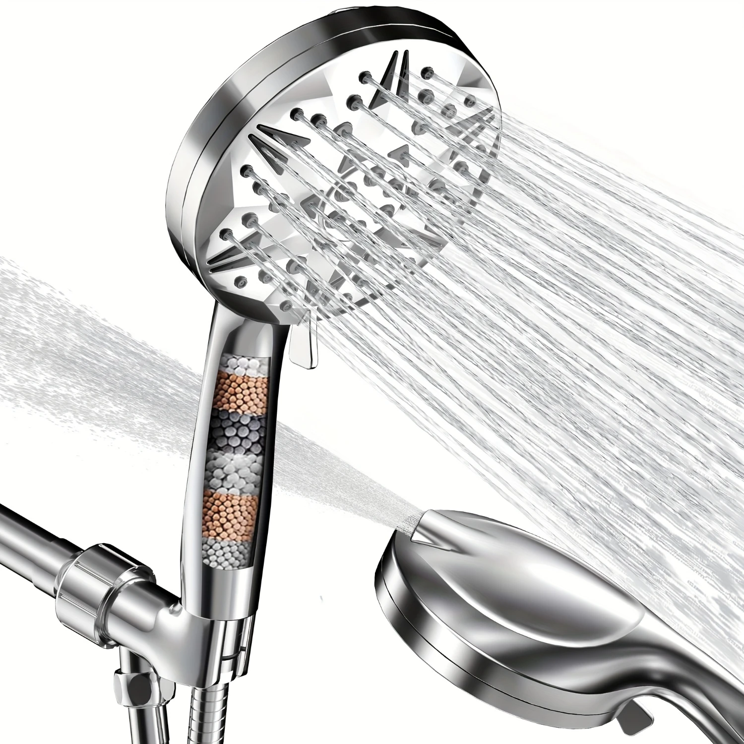 Shower Head with handheld - High Press Filtered, with Extra Long 5 ft Hose, 8 Nozzle Types, Anti-clog Nozzles, Built-in Power Wa