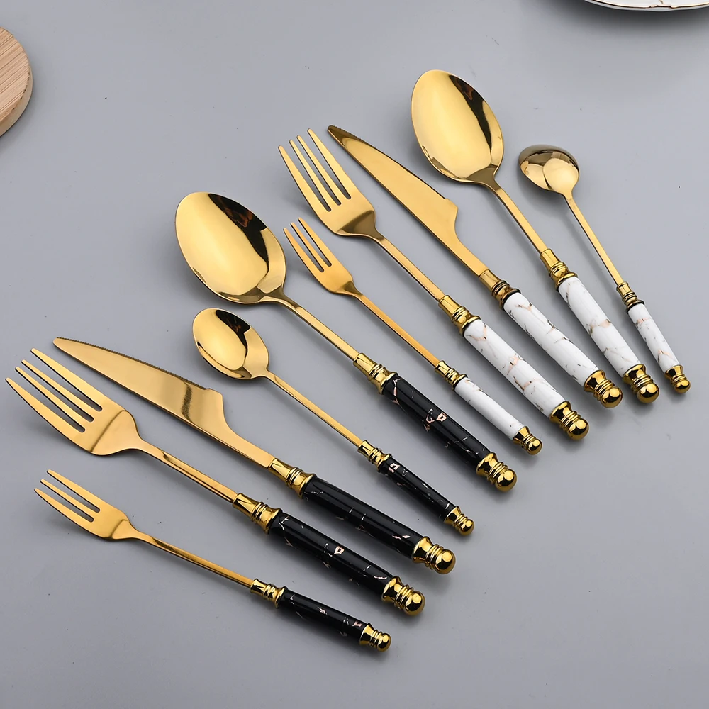 Zoaeil 24/30Pcs Cutlery Stainless Steel Ceramic Handle Dinnerware Set Knife Cake Fork Tea Spoon Dinner Tableware Set Flatware