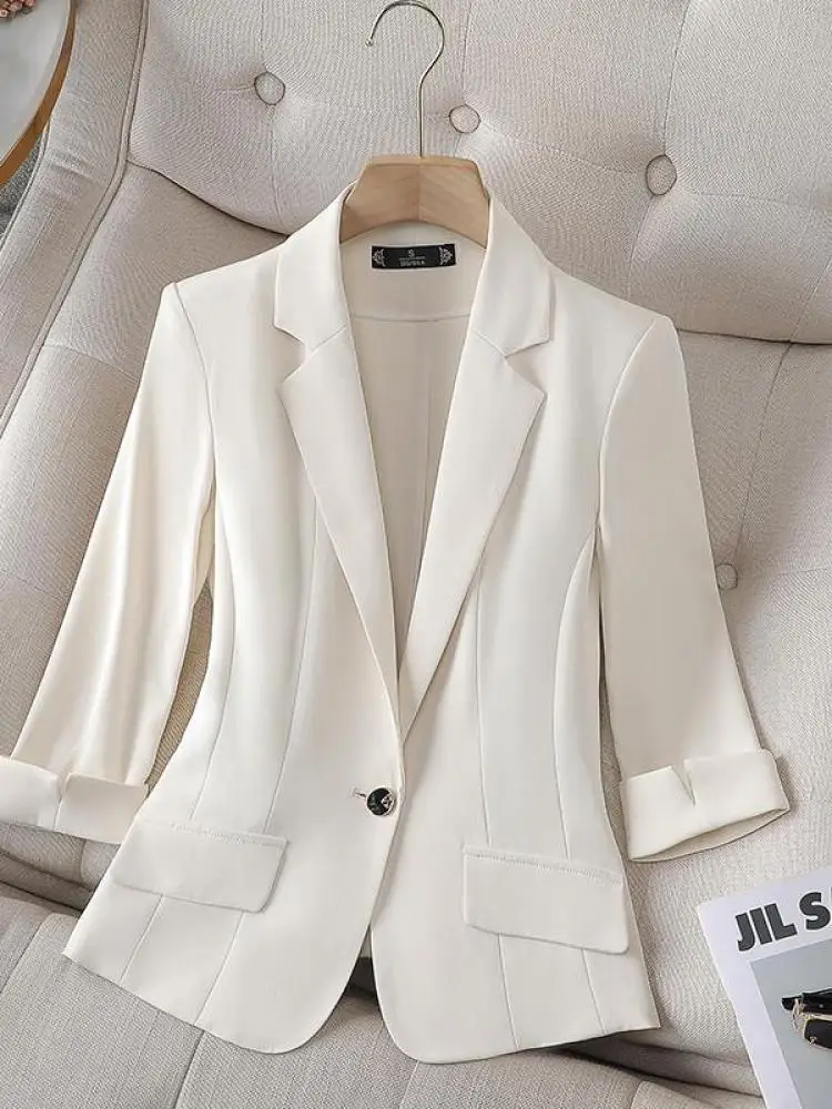 

Весенне-осенний желтый, бежевый элегантный пиджак с рукавами семь четвертей, женские зеленые универсальные офисные рабочие куртки большого размера, новинка 2023 года