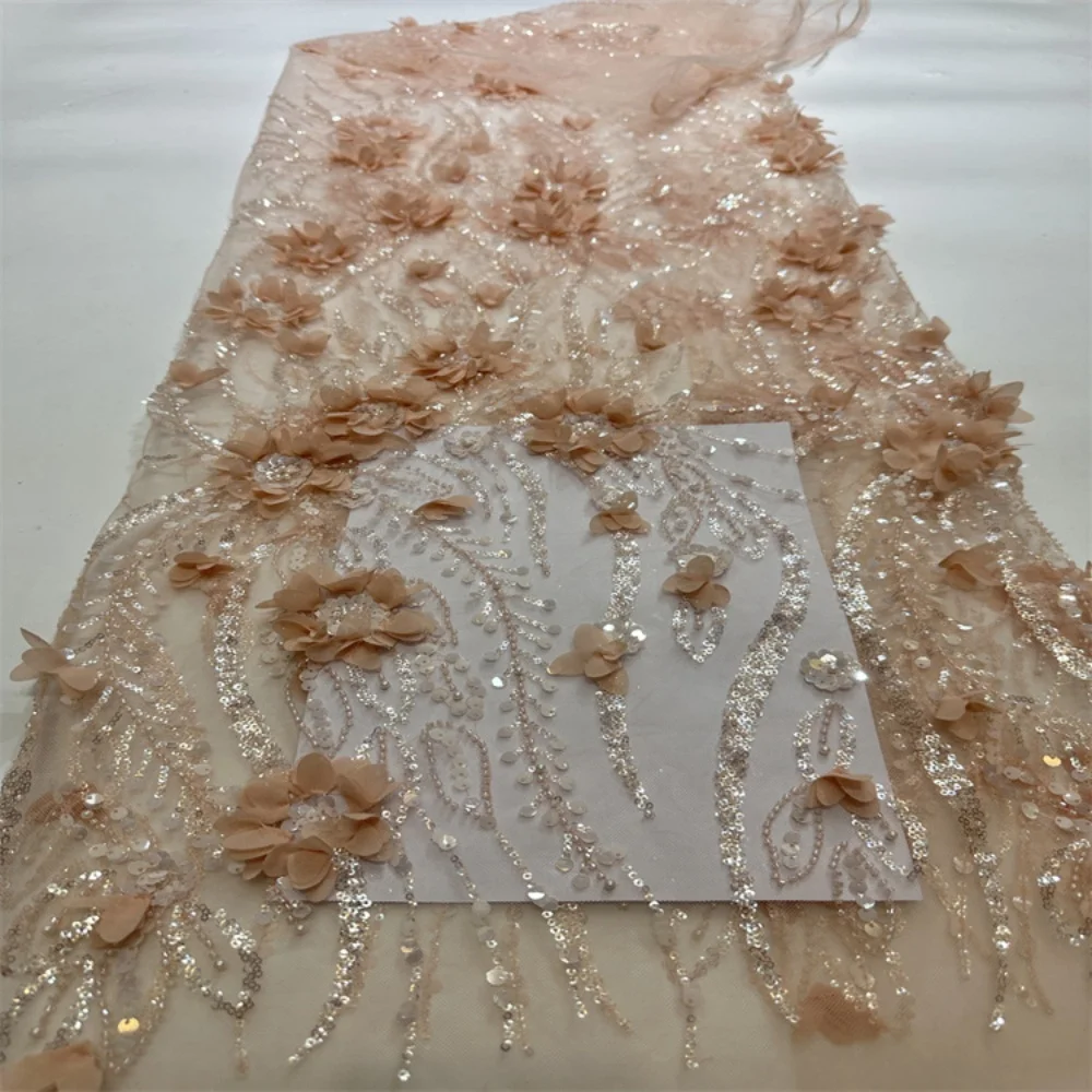6 Colors 3D Floral Lace Accessory Shinny Embroidery Sequin Beaded Crystal  Mesh Party Dress Material African Net Lace Fabric