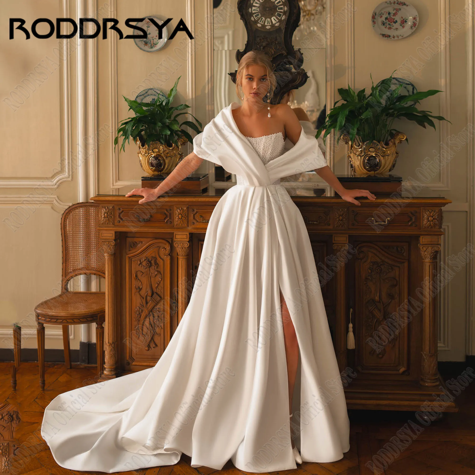 

RODDRSYA Customized Ivory Strapless Wedding Dresses For Women 2025 Satin Off Shoulder A Line Side Split Bride White Bridal Gown