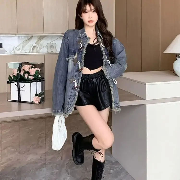 Retro Raw Edge Loose Denim Jacket Women 2024 Autumn New Design Lazy Style Slimming Design Long-Sleeved Jacket Top