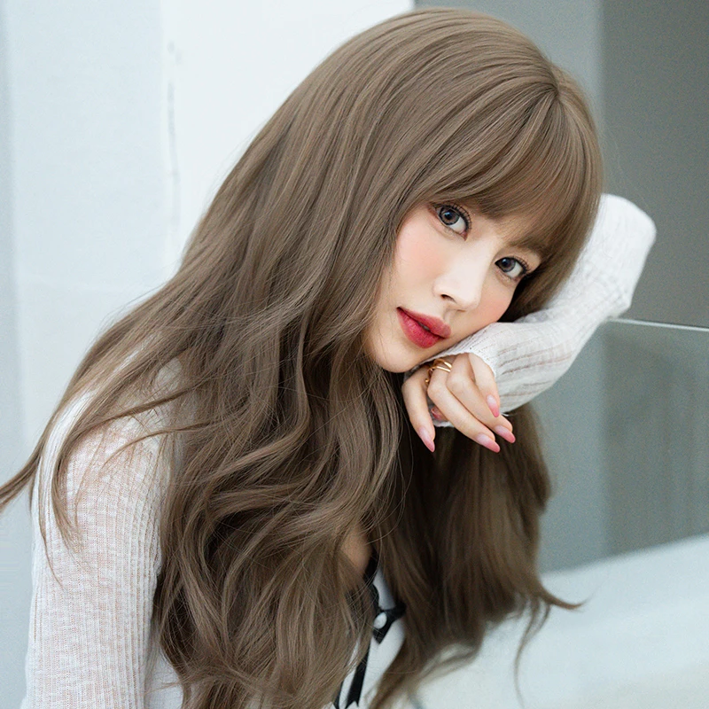 7JHH WIGS High Density Synthetic Body Wavy Wigs with Fluffy Bangs Long Loose Cool Brown Hair Wig for Women Beginner Friendly