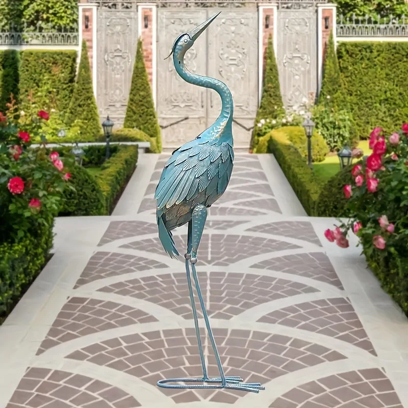 Garden Crane Statue For Outdoor, Metal Bird Yard Art, Standing Sculpture For Backyard Patio Lawn Decoration, Cyan