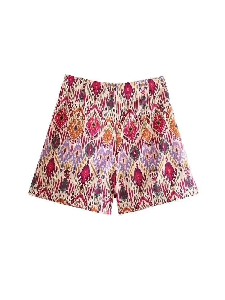 Women Fashion With Knotted Totem Print Shorts Skirts Vintage High Waist Side Zipper Female Skirts Mujer