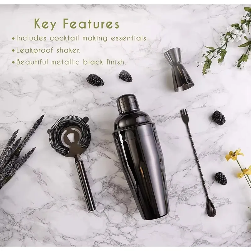 4Pcs Simple Stainless Steel Cocktail Shaker Bar Kit 24oz Martini Shaker Matte Black Basic Mix Tools For Mini Travel Pocket Bar
