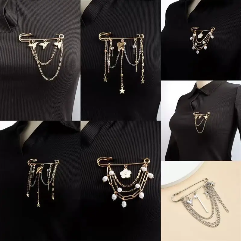 Jewelry Retro  Star Love Pearl Chain Tassel Brooches Elegant Women Clothing Decor Accessories Bag Pendant Suit Pins Gift