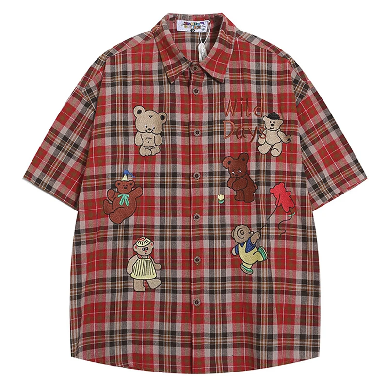 Vertical Teddy Bear Embroiderey Plaid Short Sleeve Shirts Mens Retro Streetwear Summer Lapel Loose Single Breasted Cotton Shirts