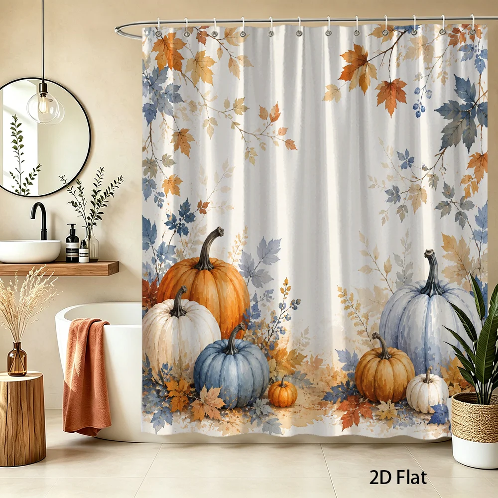 Fall Pumpkin Shower Curtain with Hooks, 1 Piece Watercolor Maple Leaf and Berry Bath Curtain, Rustic Farmhouse Autumn Bathroom Decor, Machine Washable
