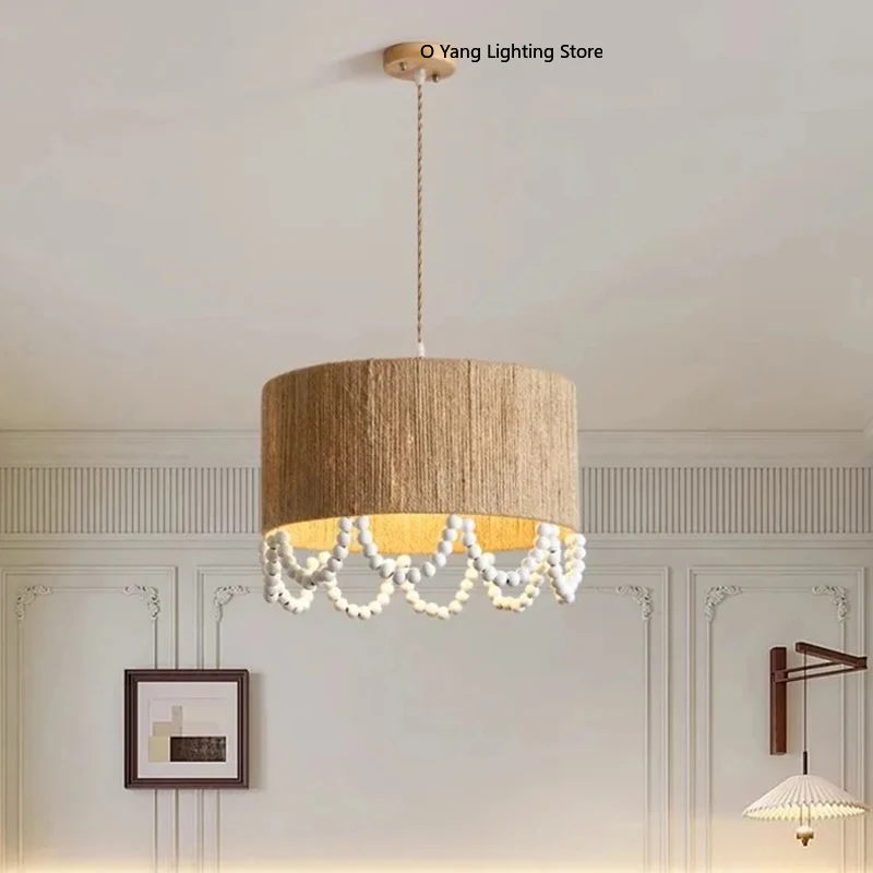 Japanese Wabi Sabi Wooden Beads Hemp Rope Pendant Light Restaurant Living Room Home Decoration Bedroom Chandelier Lustre Fixture