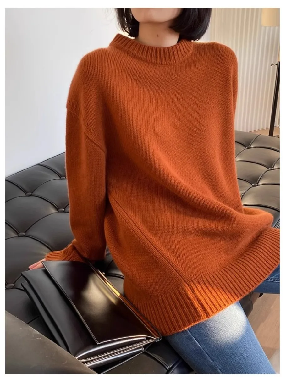 Autumn and winter new 100% cashmere sweater round neck pullover silhouette sweater women\'s thick wool loose sweater