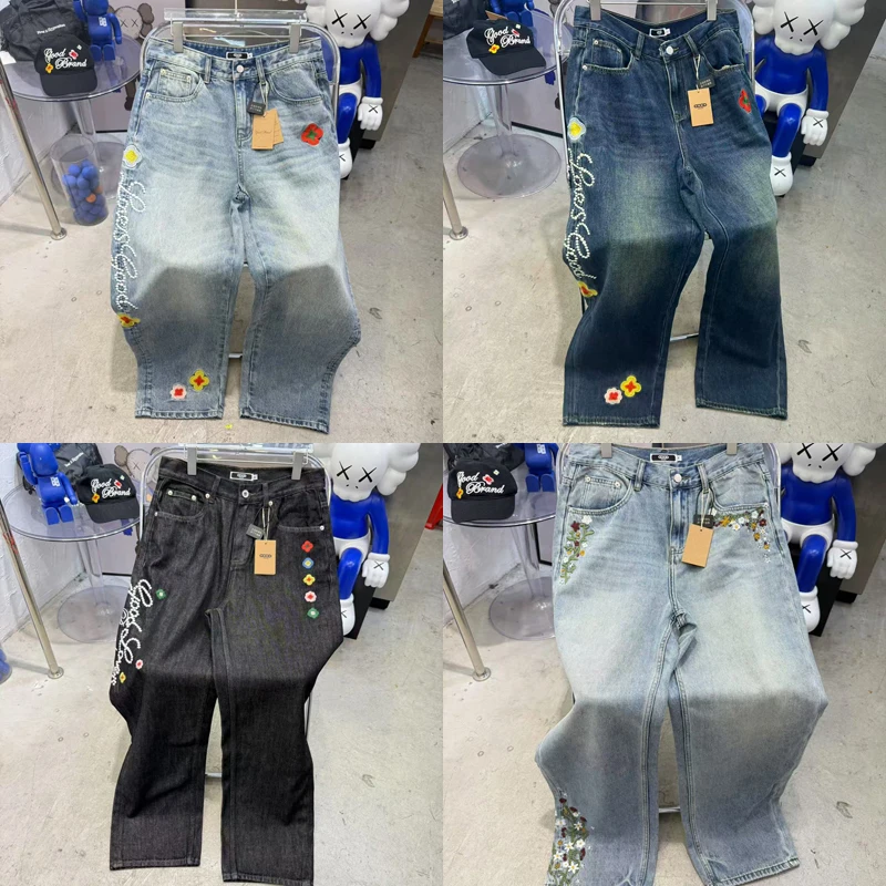 

Модный бренд Goodbrand JEANS с вышивкой и цветочным узором логотипа, повседневные свободные прямые брюки, мужские уличные джинсовые брюки