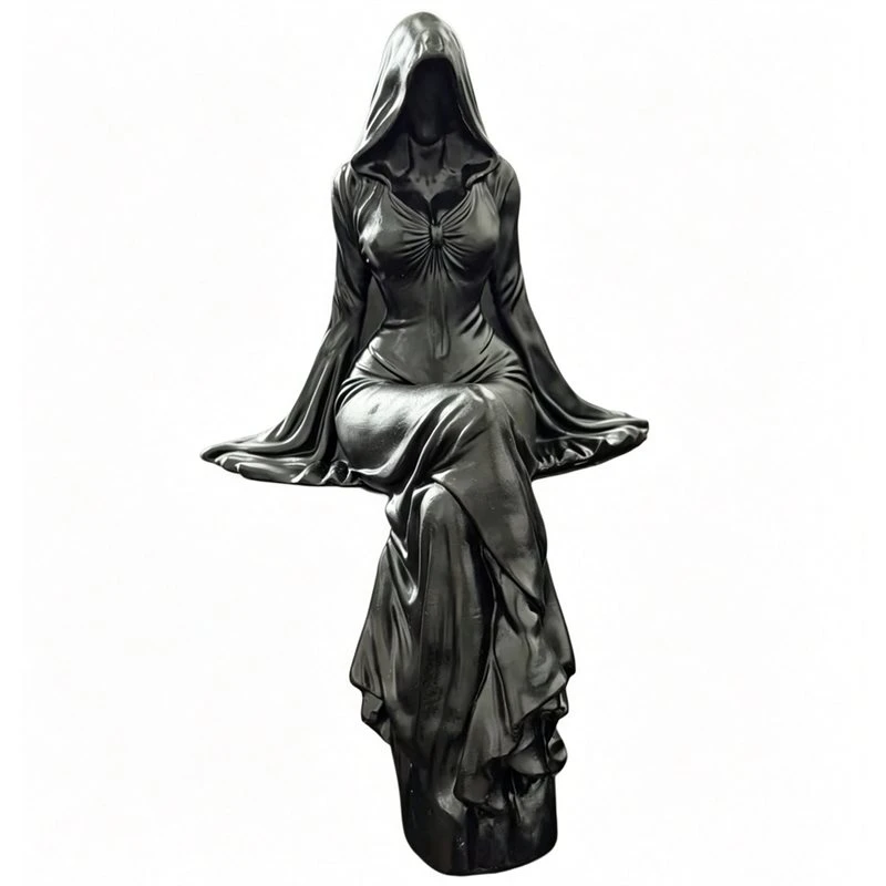 AA77 Lady Reaper-Mysterious Halloween Home Decoration, Ethereal Hooded Figure Sculpture, Mysterious Statue Bookshelf Decor