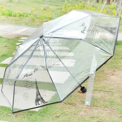 EVA transparent print umbrella paris  tower 8K perspective three folding umbrella non-automatic girl rain tools White Blac