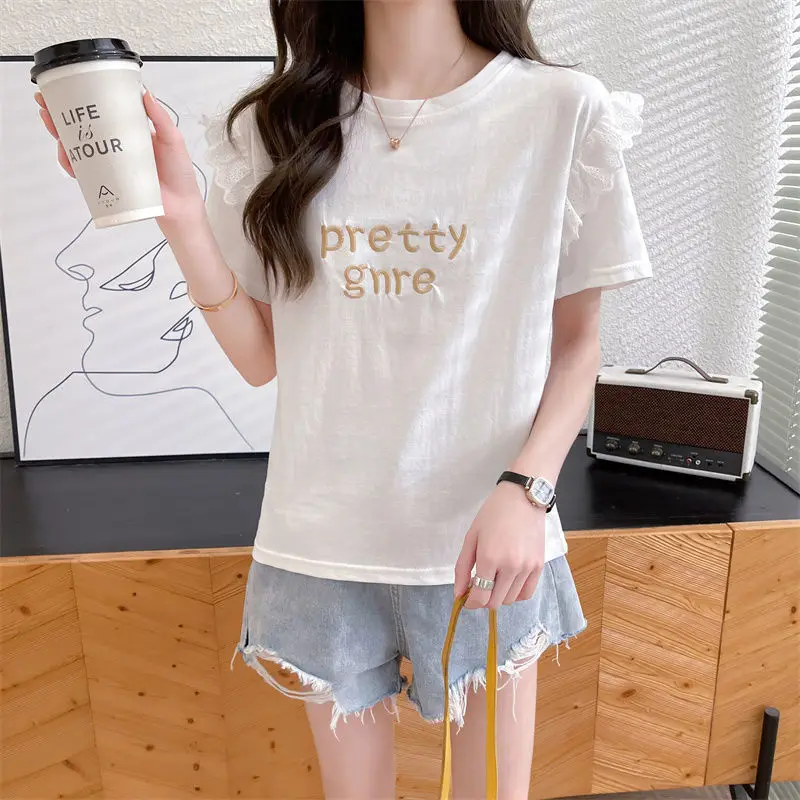 Women Summer Trendy Letter Embroidery Lace Patchwork Cotton T Shirt Korean Style Sweet Chic Kawaii White Short Sleeve Y2K Tops