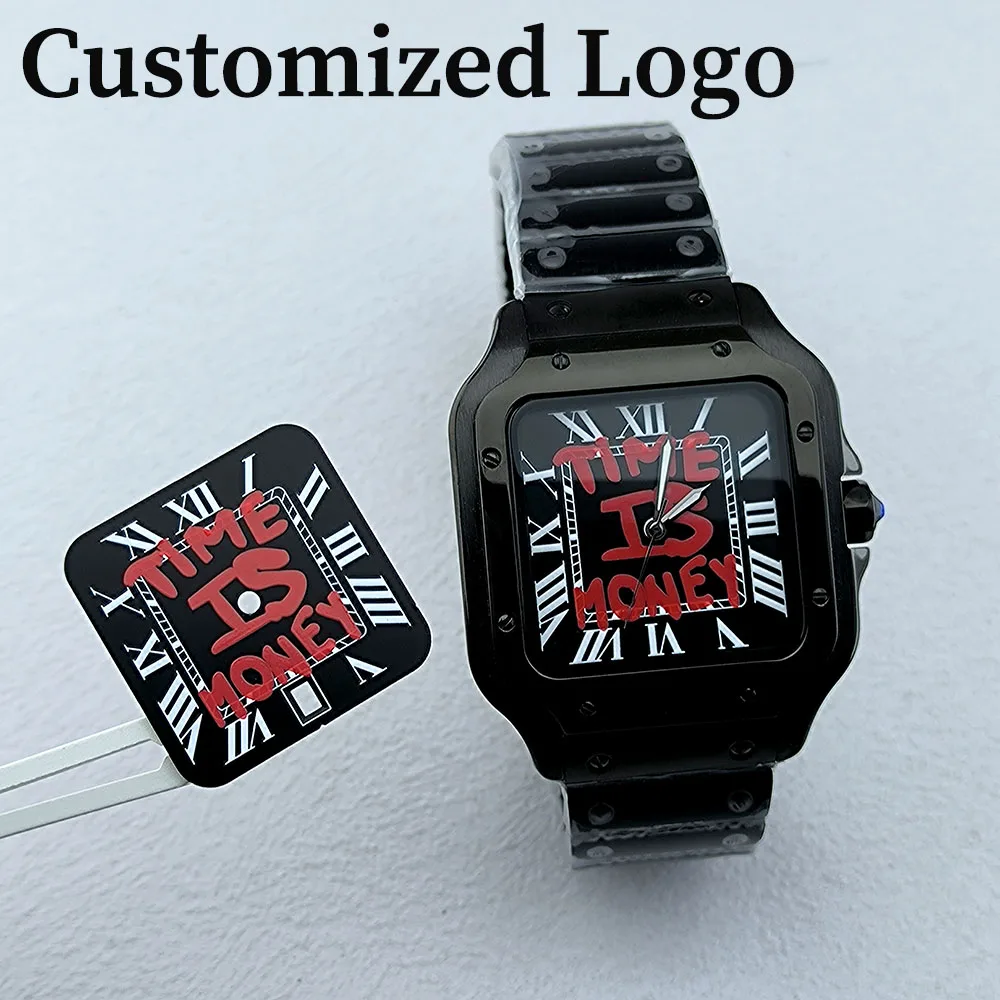 38mm NH35 Square Roma Watch Customized logo Men's Automatic Black Watch Case Folding Buckle Bracelet NH35 NH36 movement Watch