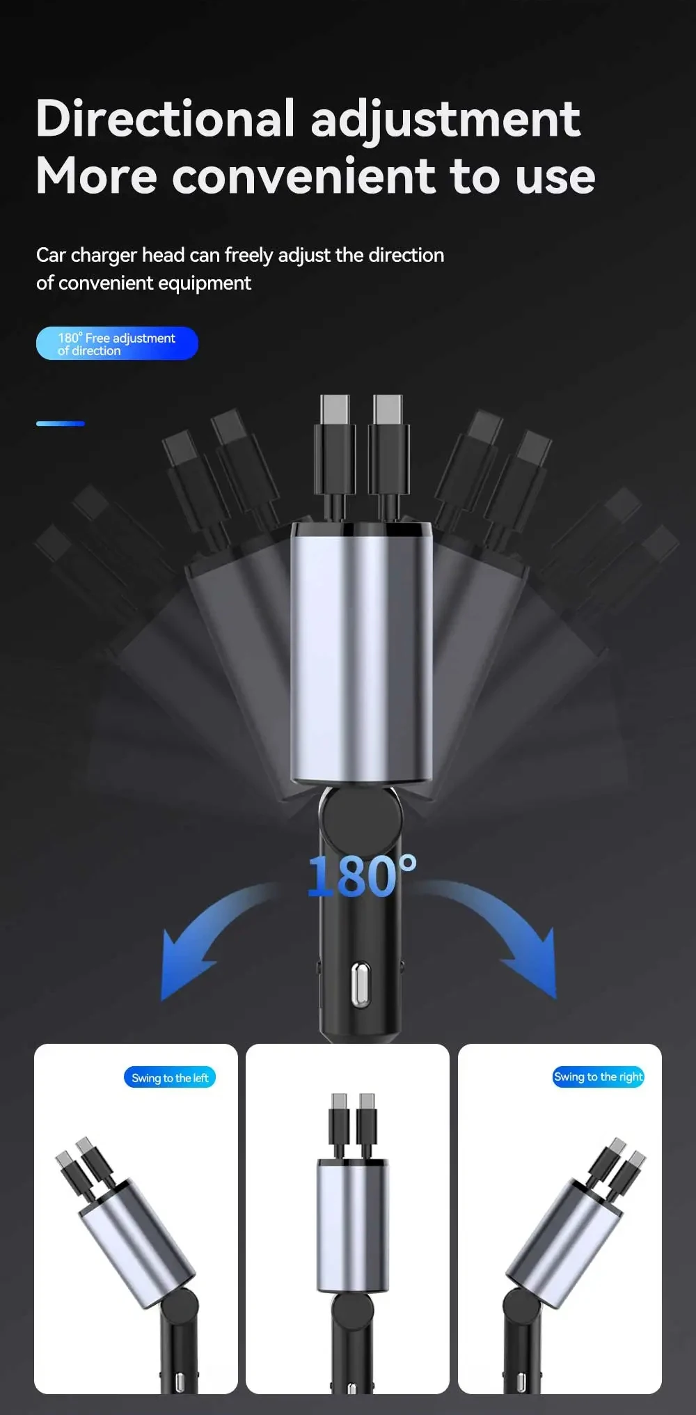 4-in-1 Einziehbares Auto-Ladegerät 120W USB-C Auto-Ladeadapter mit 2 USB-Anschlüssen für iPhone 16 15 Samsung – Detail 7