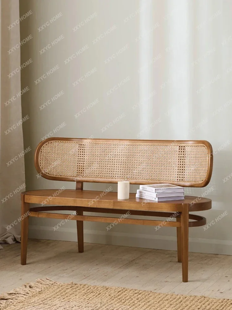 

Solid wood cane woven backrest bench small household bed end changing shoes stool sofa chair