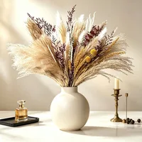 Boho Dried Pampas Grass Bouquet, Craspedia, Wheat Ear, Limonium, Eucalyptus Dried Flower Arrangement, Vase Filler for Home Table Decor, Christmas Valentine's Day Wedding Party Ornament, Holiday Gift for Mom Girlfriend Women