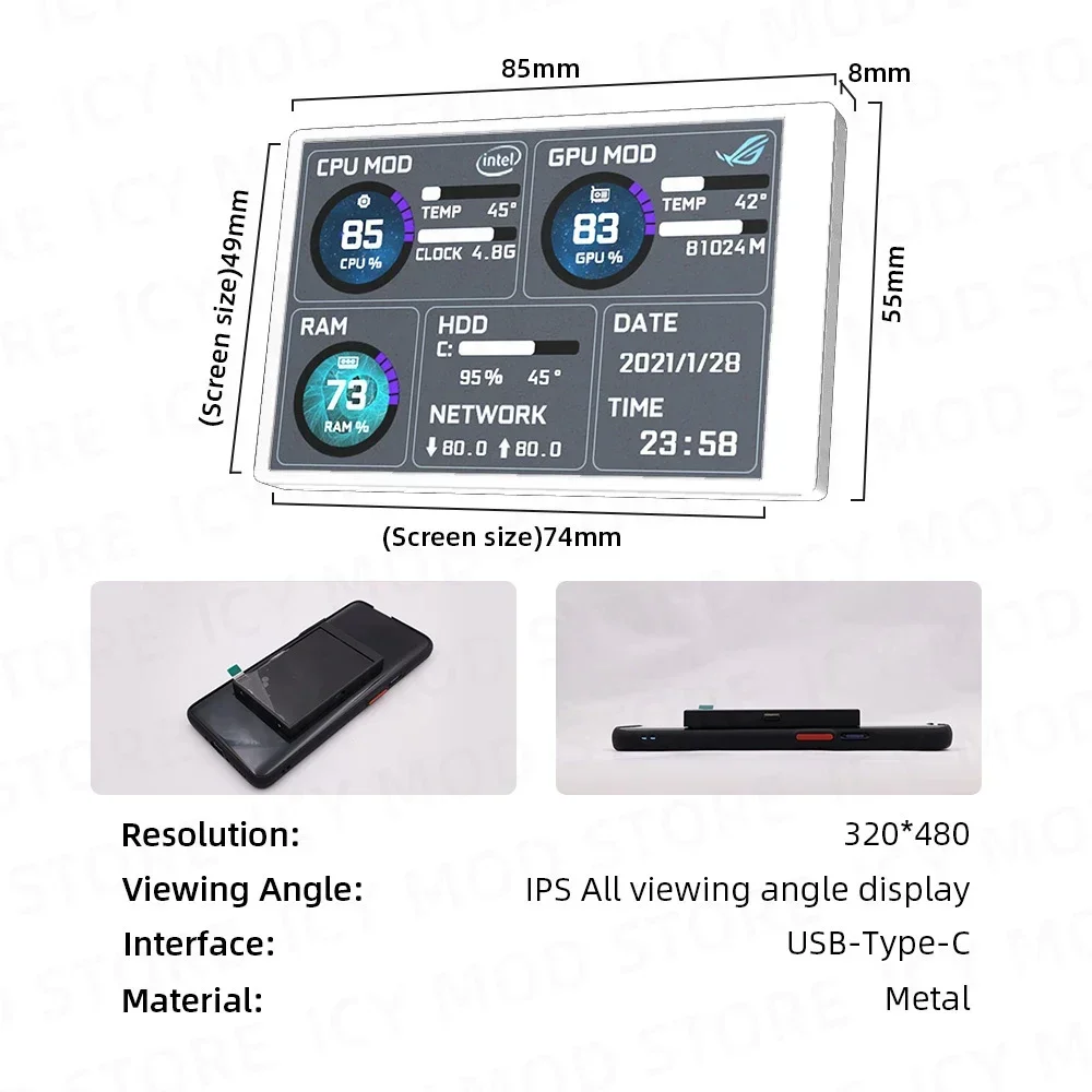 Data Monitoring 3.5-inch Mini PC Secondary Screen LCD Moniter Type-C Power Supply 320 * 480 Resolution Custom Dynamic Theme MOD