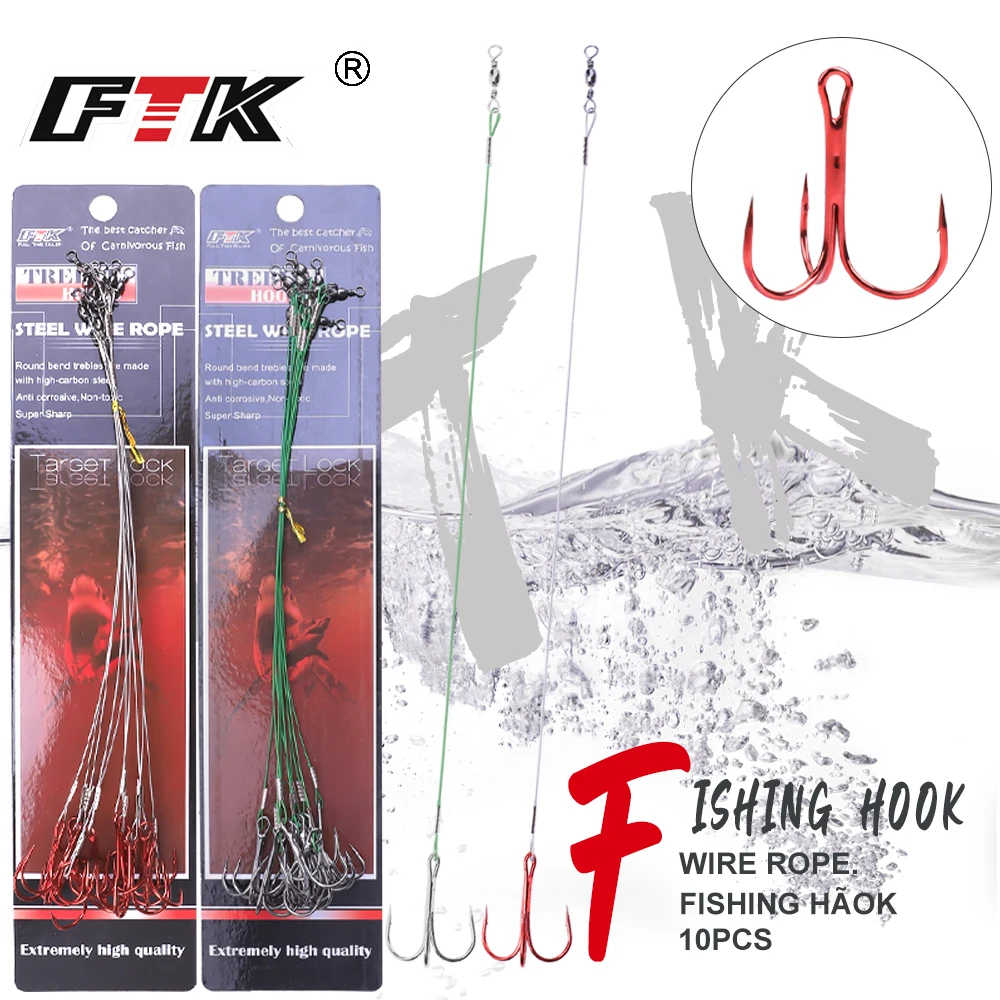 

FTK High Carbon Steel Fishing Hook Treble Hooks With Steel Wire Rore Red Fishhook for Carp Bass Fishing Accessories