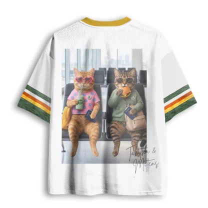 Cute Travel Cats At Airport Print Men V Neck Mesh Jersey Funny Animal Short Sleeve Top