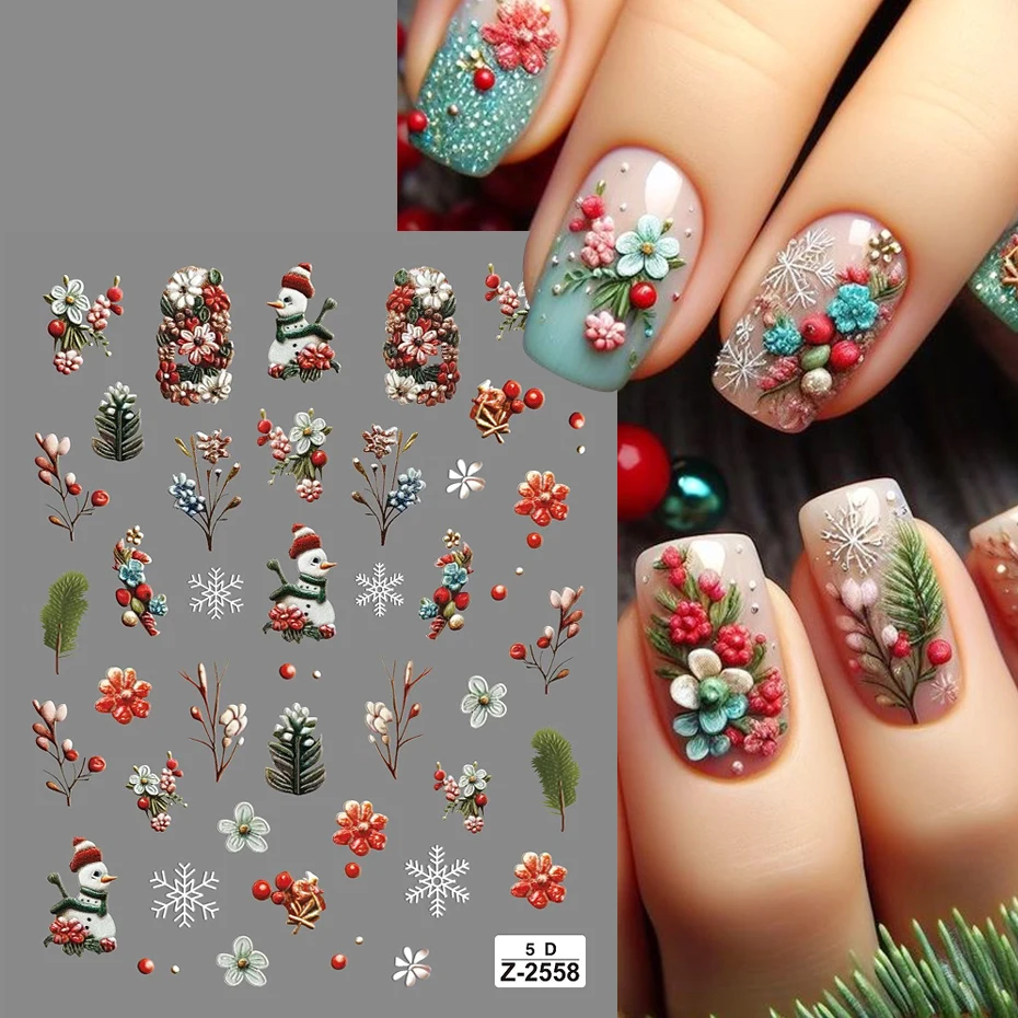 2pcs 5D Gorgeous Christmas Floral Nail Art Stickers Holly Vines Flower Gingerbread Man Candy Cane Designs Adhesive Decals Decor
