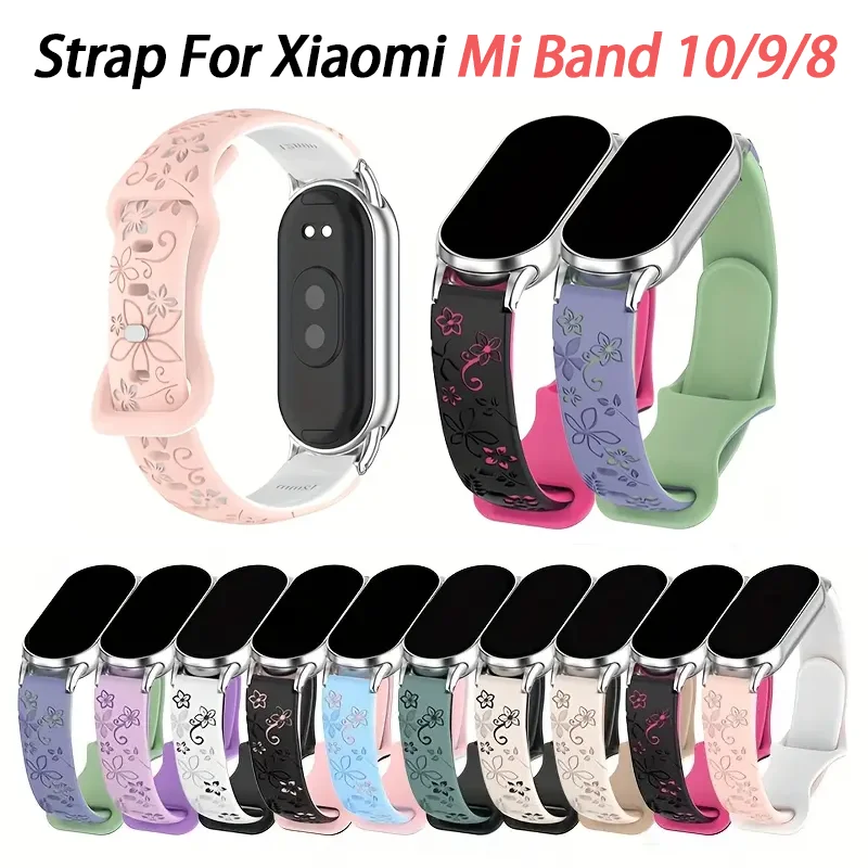 Damen-Armband mit Silikonblume, 3D-Gravur, für Xiaomi Band 9, NFC-Smartwatch, atmungsaktives Armband für Xiaomi Band 8, NFC-Armband
