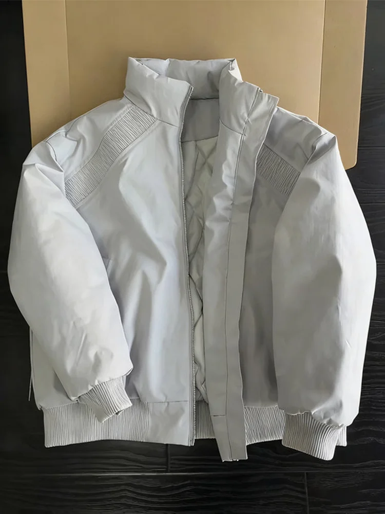 American Style Thickened Fleece Lined Men's Cotton Jacket Winter Outerwear Youth Fashion Warmth Stand Collar Zipper Closure