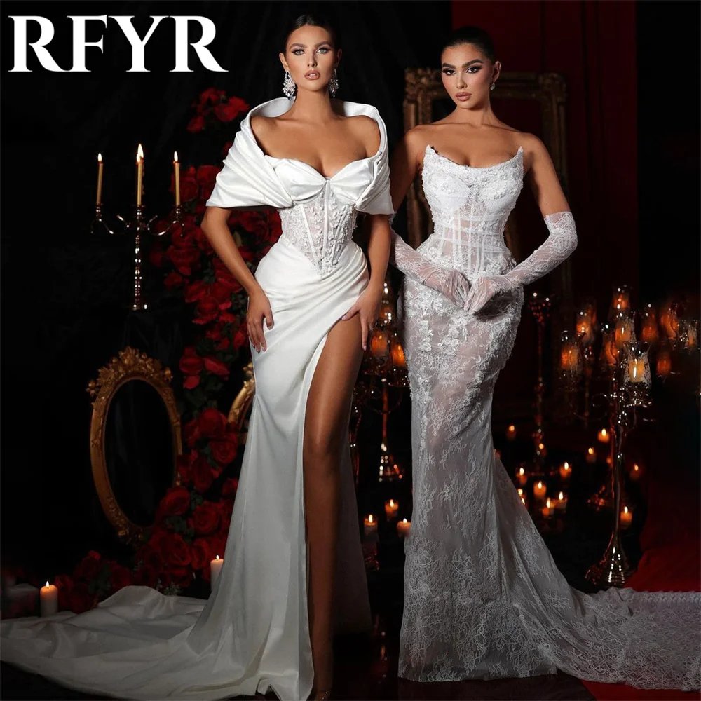 RFYR White Elegant Scoop Women Evening Dress Simple Off the Shoulder with Pleat Satin Trumpet Prom Formal Gowns Dress Customized