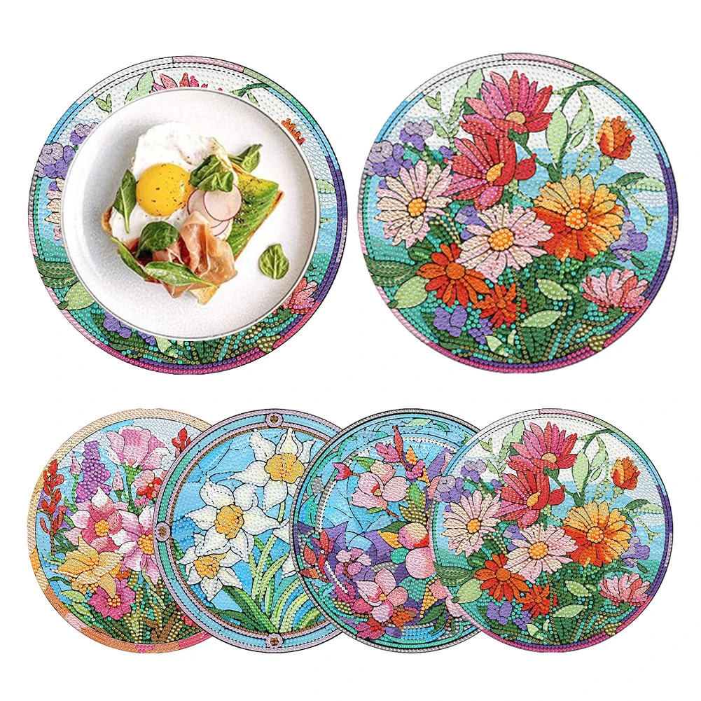 4Pcs/Set Abstract Datura Flowers Bohemian Printed Mats Vintage Diamond Painting Insulated Coasters Cups A Bowl of Tea and Cof