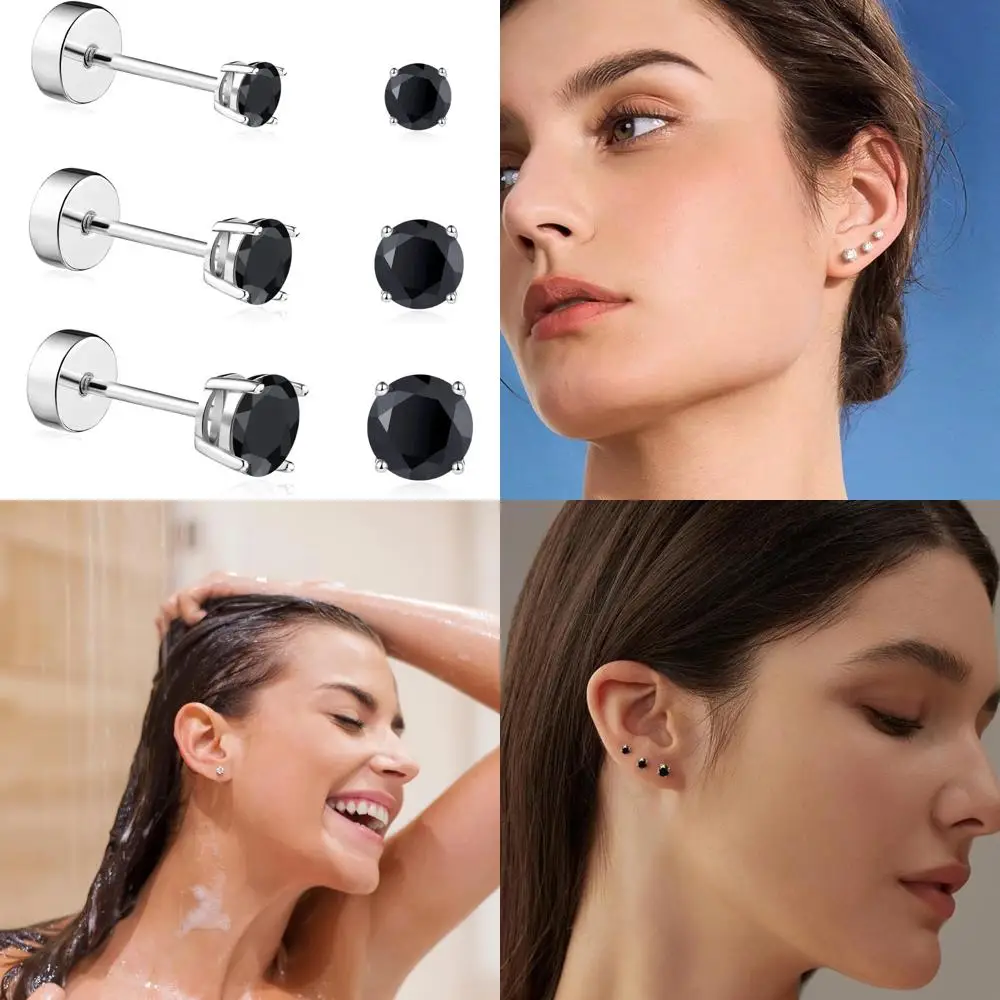 

Moissanite Stud Earrings - 3 Pairs Hypoallergenic Imitation Diamond Screw-On Cartilage Helix Piercing Ear Jewelry for Sensitive